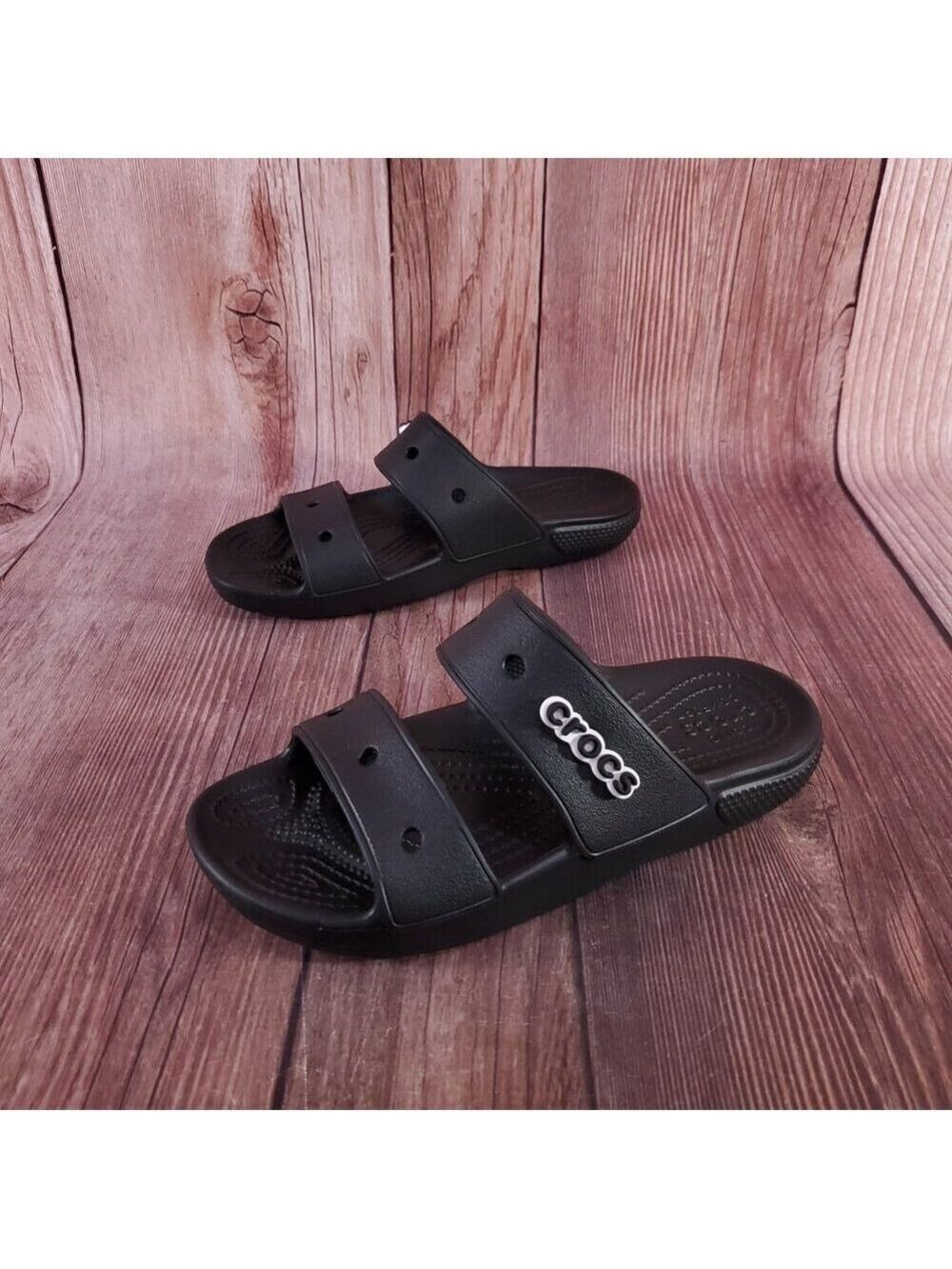 Crocs Unisex Size W6 M4 Classic Double Band Slides Sandals Slip On Black